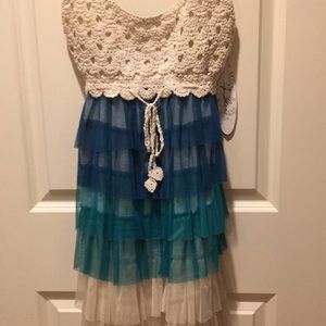 NWT J GEE girls crochet sleeveless ruffle tulle dress elastic size M teal beige